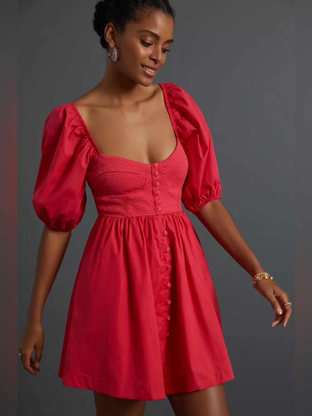 ANTHROPOLOGIE MAEVE Red Puff Sleeves Sweetheart Short Dress Size Large